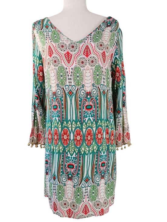 Source Unknown Other - Beach Swim Cover Up V Neck Dress Boho Print Pom Pom Trim Teal Orange Size XS S